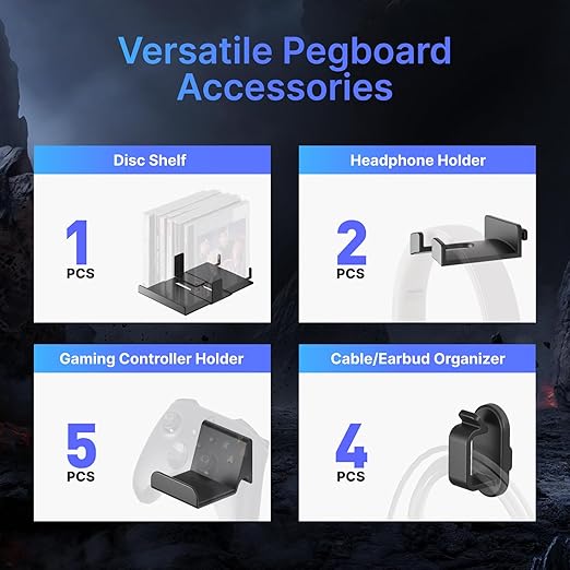 PEGZONE Controller and Headphone Holder Wall Mount, Modular Gaming Pegboard with Accessories, Controller Stand for Xbox PS5 P