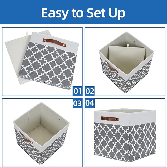 Temary Cube Storage Bins 13x13 - 4 Pack Cube Storage Bins for Shelf with Handles (Grey Lattice)