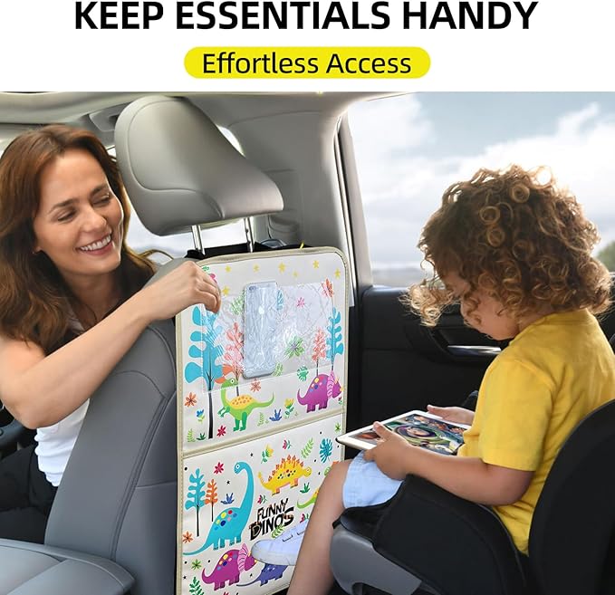 kids Leather Car Backseat Organizer with Foldable Table Tray, Car Storage Organizer with Tablet Holder, Car Seat Back Protectors Kick Mats, Travel Accessories (Dinosaur)