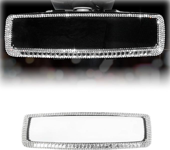 ZIMISI Bling Car Rear View Mirror, 10.51 Inch HD Glass Wide Angle Rearview Mirrors, Clip-on Crystal Diamond Panoramic Rear View Mirror Accessories, Bling Car Decorations for Women (Silver)