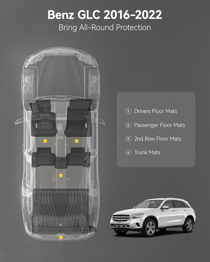3W Floor Mats & Cargo Liner for Mercedes Benz GLC 2016-2022, TPE All Weather Custom Fit Floor Liner & Trunk Mats, Car Mats for GLC300/GLC350e/GLC43 AMG/GLC63 AMG/GLC63 AMG S Accseeories, Black