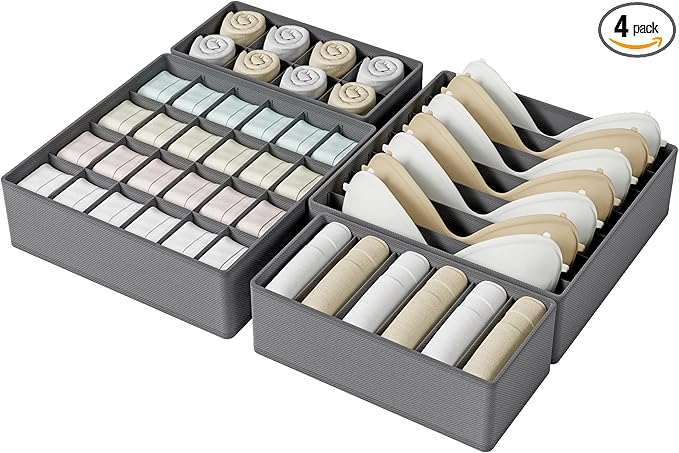 Drawer Organizer Clothes Set, 4 Pack Foldable Dresser Closet Dividers (6/8/7/24-Cell), Non-Woven Underwear & Sock Drawer Orga