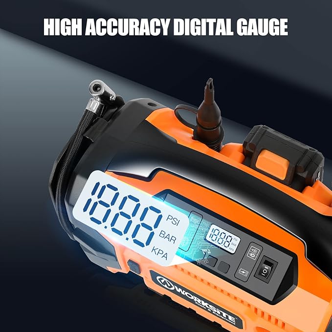 WORKSITE Tire Inflator Air compressor Portable, 160 PSI Car Tire Pump with 3 Power Supply (110V AC, 12V DC & 20V Battery) for cars, bikes, balls,Orange