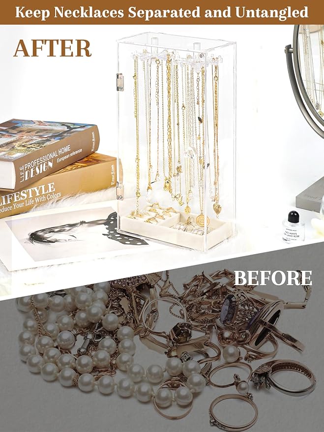 Necklace Holder, Acrylic Necklace Organizer, Rotatable Clear Jewelry Holder Organizer Display Case for Long Necklaces Pendant