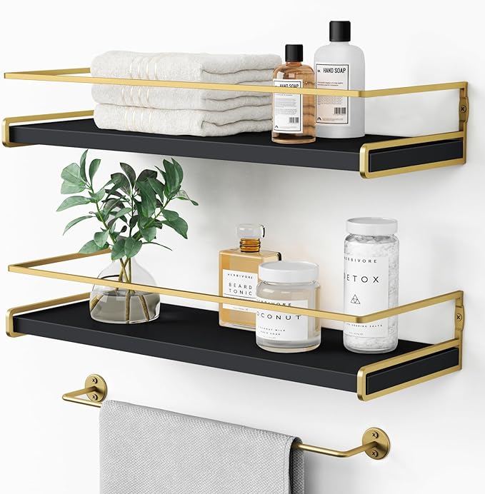 Forbena Black and Gold Bathroom Floating Shelves for Wall, Decorative Wall Mounted Shelves for Kitchen Coffee Bar Station Org