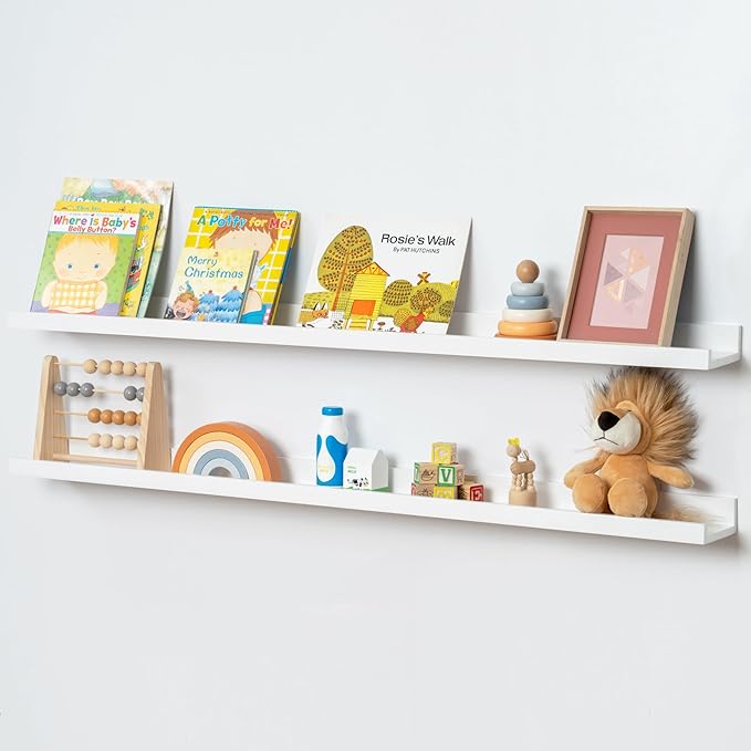 Picture Ledge Shelf for Wall, 48 inch Solid Pine Wood Nursery Book Shelves 2 Packs, Floating Ledge Shelves for Kids' Room Bed