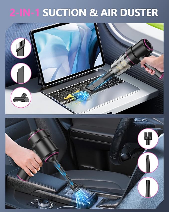 CODN Handheld Car Vacuum Portable Cordless 12000PA, 2 in 1 Handheld Vacuum Cleaner and Air Duster with Multi-Nozzles and LED 