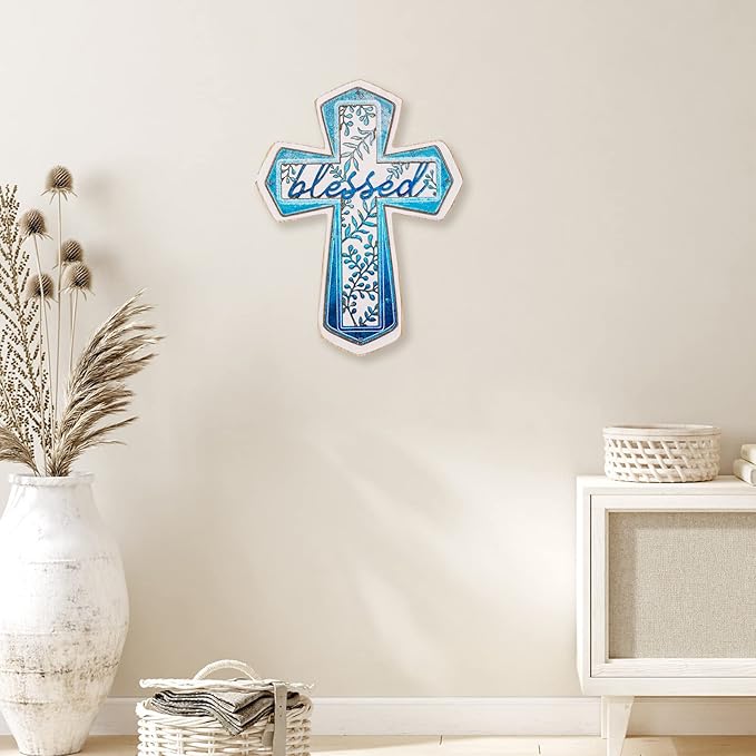 OKSQW 11" Wall Cross Handmade White Wood & Blue Iron Christians Spiritual Religious Cross with Hook Christmas Wall Hanging Cr