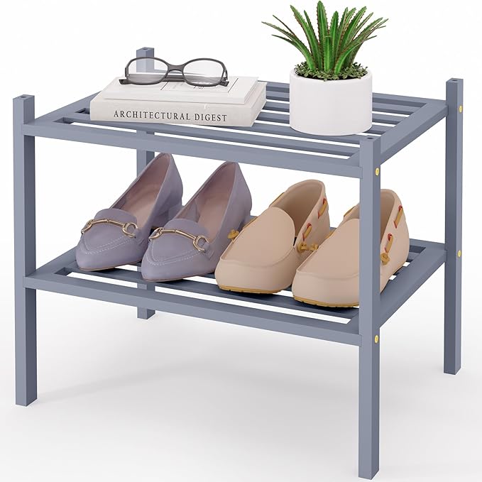 Smiry Small Bamboo Shoe Rack 2-Tier, Stackable Wooden Shoe Organizer for Entryway & Closet, Free Standing Wood Shoe Storage S
