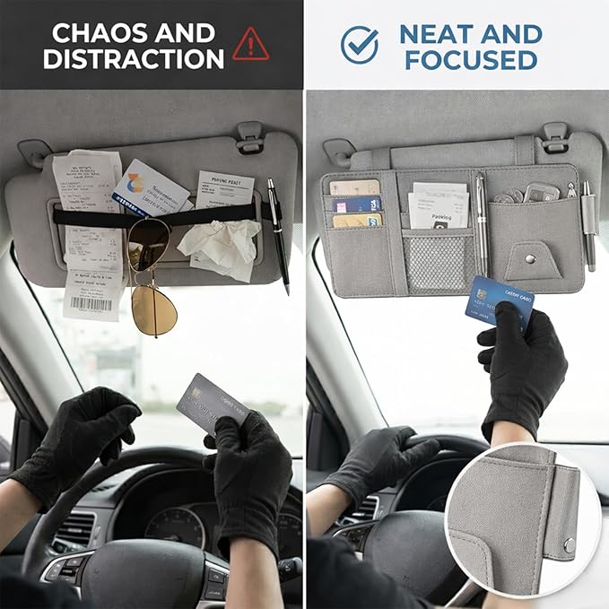 Car Sun Visor Multi-Pocket Organizer — Gray (Universal Car/SUV/Truck Storage Pouch)