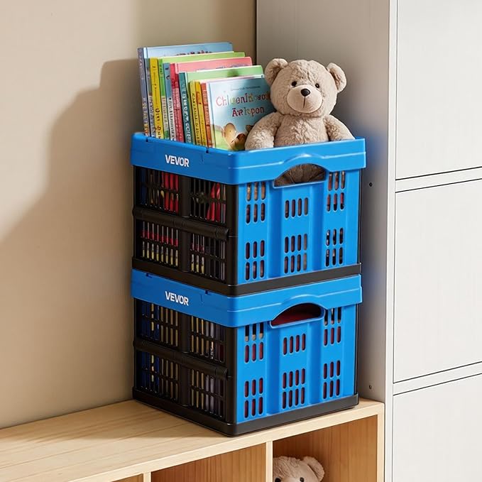 VEVOR Plastic Collapsible Storage Bins, 25L 3 Packs, Stackable Folding Storage Crates with Handles, Holds 22 lbs Per Bin, Fol