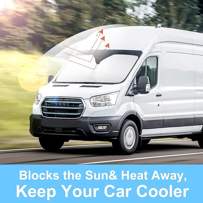 Front Windshield Sun Shade Foldable Car Front Window Sun Shade Windshield Shade Custom Fit for 2022-2026 Ford E-Transit Block UV Rays Car Accessories Heat Keep Cooler