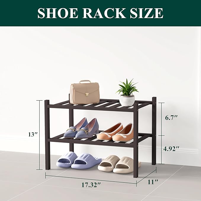 Smiry Bamboo Shoe Rack for Closet, 2 Tier Small Wooden Stackable Shoe Organizer, Free Standing Shoes Storage Shelf for Entryw