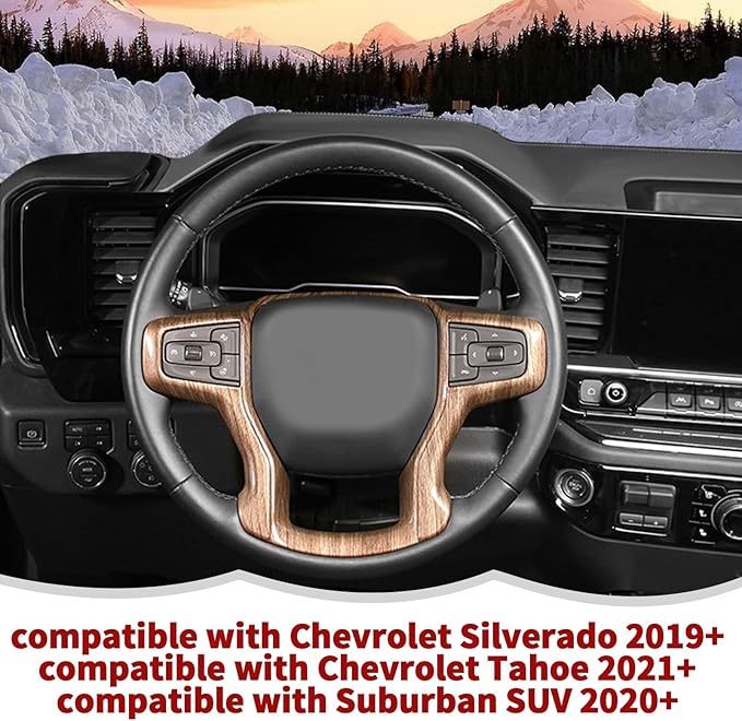 Steering Wheel Trim Cover Frame Decoration Interior Accessories Compatible with Chevrolet Silverado 2019-2023,for Chevrolet Tahoe 2021-2023,for Suburban SUV 2020-2023,Wood grain