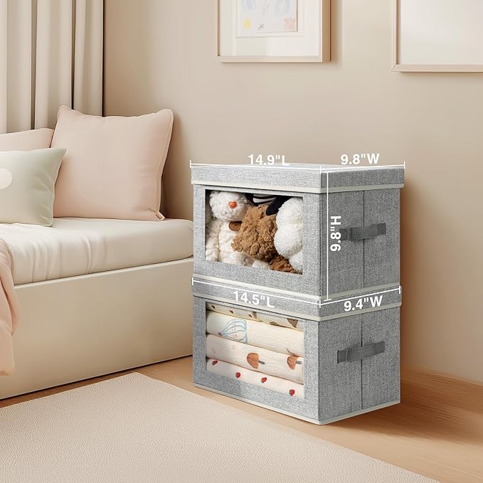 Homsorout Storage Boxes with Lids - 3 Pack Fabric Clear Window Storage Bins, Collapsible Storage Bins with Lids, Linen Closet