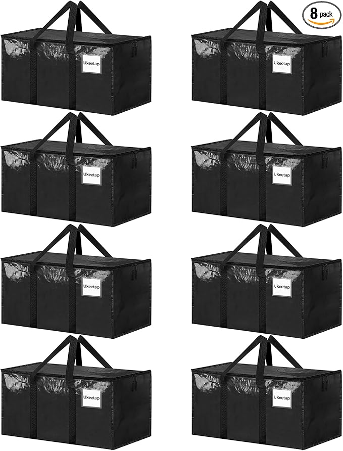 8 Pack Extra Large Heavy Duty Moving Bags, Black Storage Bins with Lids, Reinforced Handles & Heavy-Duty Zippers Moving Boxes