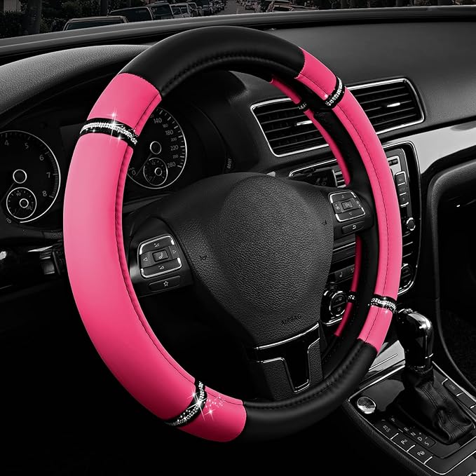 Road Comfort Leather Steering Wheel Cover – Premium Anti-Slip Car Steering Wheel Grip Cover – Universal Fit for 14.5”–15.5” C