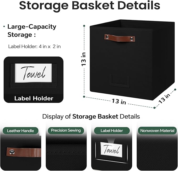 FinishingBo 6-Pack Storage Cubes with Handles & Label Holders Basket, Closet Cube Home Organizer Bins(Black, 13 x 13 x 13 inc
