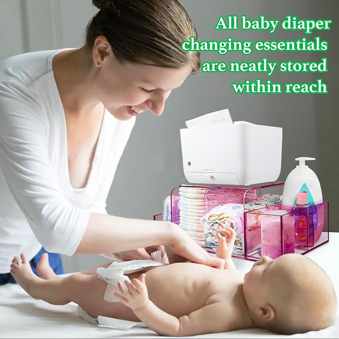 NANYEZH Acrylic Diaper Caddy, Baby Wipes Organizer for Changing Table, Dresser Top Tabletop Organizer with 4 Detachable Compa
