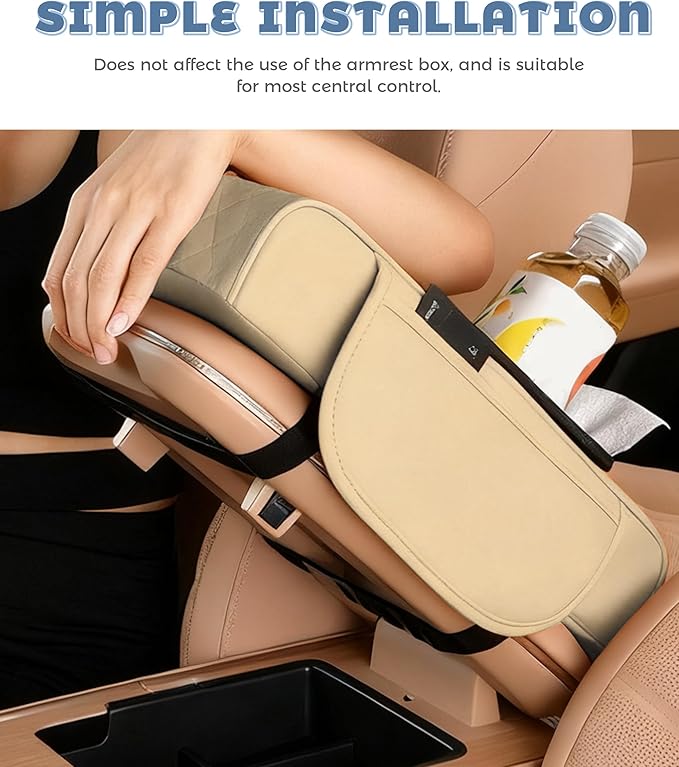 Car Armrest Storage Box,Car Accessories Console Organizers and Storage,Universal Waterproof Leather Console Cover with Cup Holder and Phone Holder,Suitable for Most Cars (Embroidered, Beige)