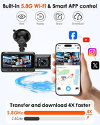 3-Channel Dash Cam 4K for Car: Front, Rear & Inside Dash Camera with 5.8G WiFi & GPS - 24H Parking Mode, 64GB Card for Ridesh