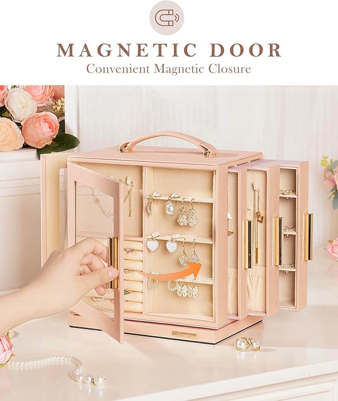 Homde Jewelry Box 360° Rotating, Necklace Earring Organizer with Transparent Window, Mirror, 7 Drawers, Large Ring Display St