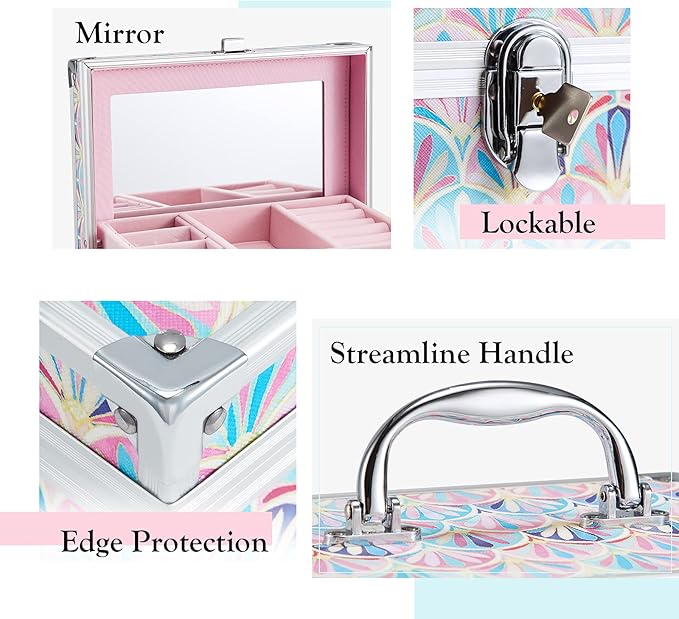 Hododou Girls Jewelry Box Organizer with Drawer & Mirror, Mermaid Tail Style Lockable Storage Case for Kid or Little Girls Je