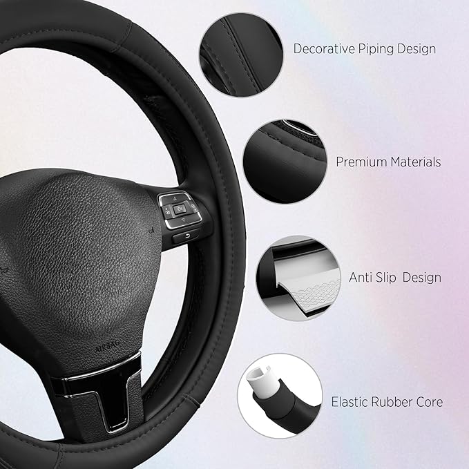 Road Comforts Leather Steering Wheel Cover with Decorative Trim and Piping, Anti-Slip Breathable Design, Fits 14.5–15 Inch Ro