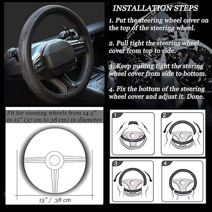 New Diamond Leather Steering Wheel Cover with Bling Bling Crystal Rhinestones, Universal Fit 15 Inch Car Wheel Protector for 