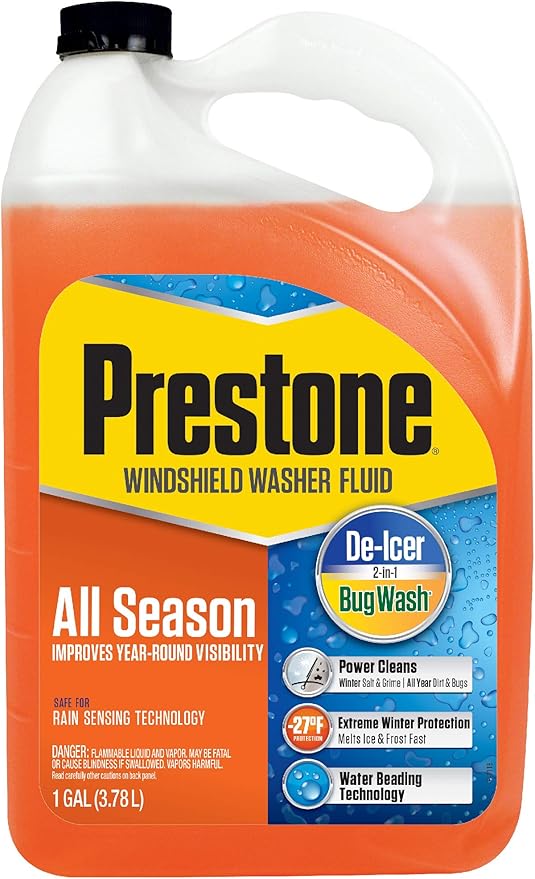 Prestone AS658 All Season 2-in-1 Windshield Washer Fluid, Year Round, De-Icer + Bugwash, 1 Gallon