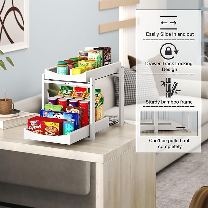 Bamboo Under Sink Organizer and Storage, 2 Pack Pull Out Cabinet Organization, 2 Tier Vertical Slide Out Undersink Storage Sh