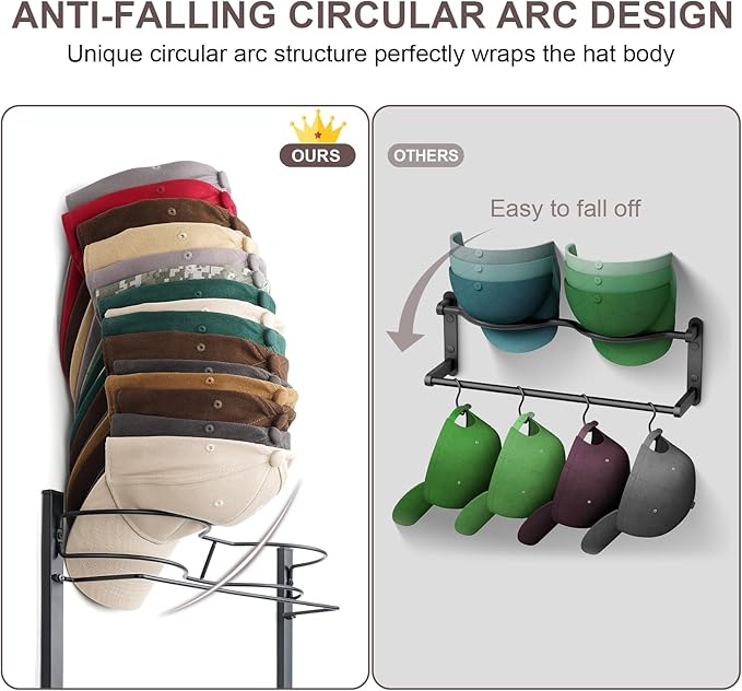 Hat Rack for 45 Baseball Caps with 10 Clips 3 Tier Hat Organizer for Wall Multi-functional Hat Hanger Metal Hat Holder at Clo