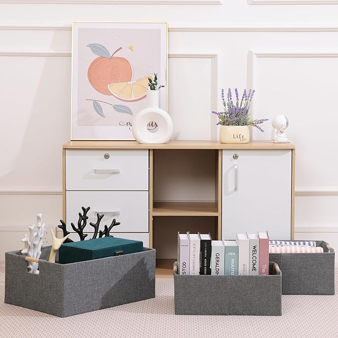 ANMINY 6PCS Storage Baskets for Organizing Collapsible Fabric Storage Bins Boxes with Wood Handles Closet Shelves Cube Organi