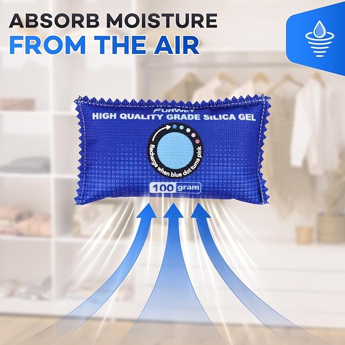 2 Pack Rechargeable Desiccant Packs, 100g Each, Blue, Color Indicating Silica Gel Dehumidifier Bags for Storage, Closets,