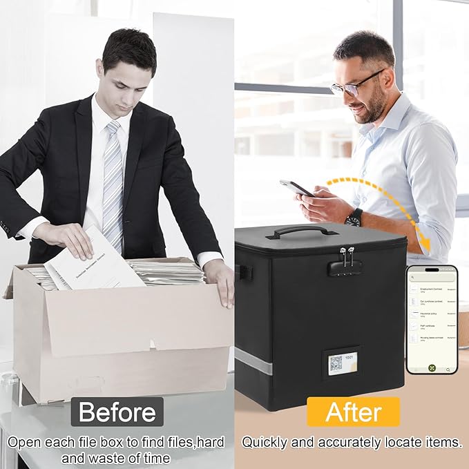 Medium Next of Kin Box Organizer with Smart Labels, Fireproof Foldable File Organizer with Combination Lock, 10 Hanging Files