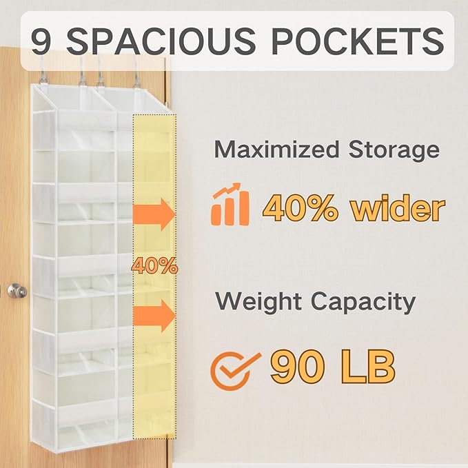 Over The Door Organizer with 5 Shelves, 9 Compartment + 10 Side Pocket, Sturdy Oxford Cloth, Supports 90 lbs, Heavy-Duty Behi