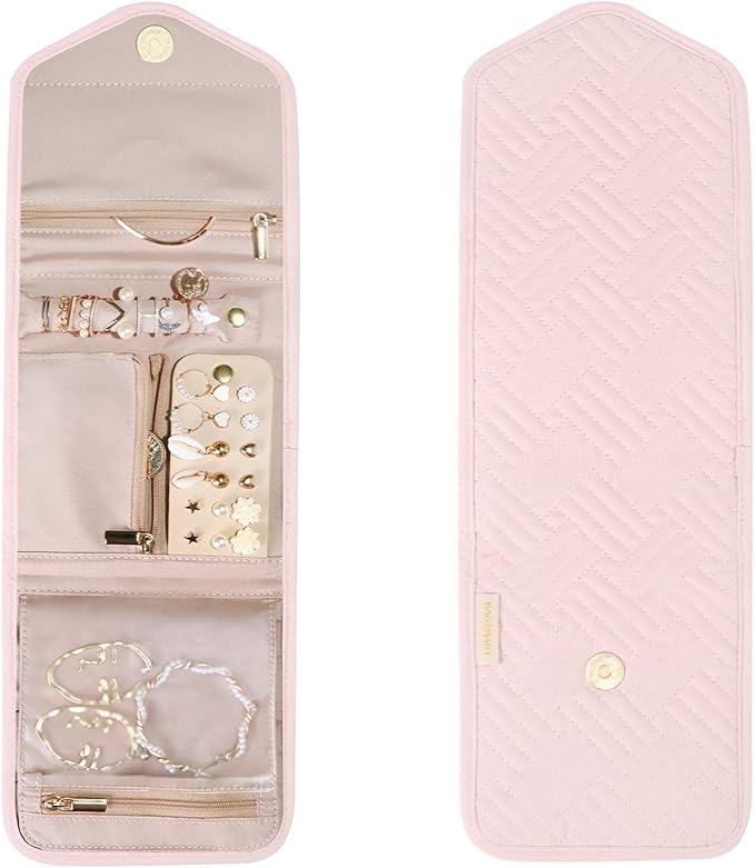 BAGSMART Travel Jewelry Organizer Case Foldable Jewelry Roll for Journey Rings, Necklaces, Earrings, Bracelets,Mini,Light Pin