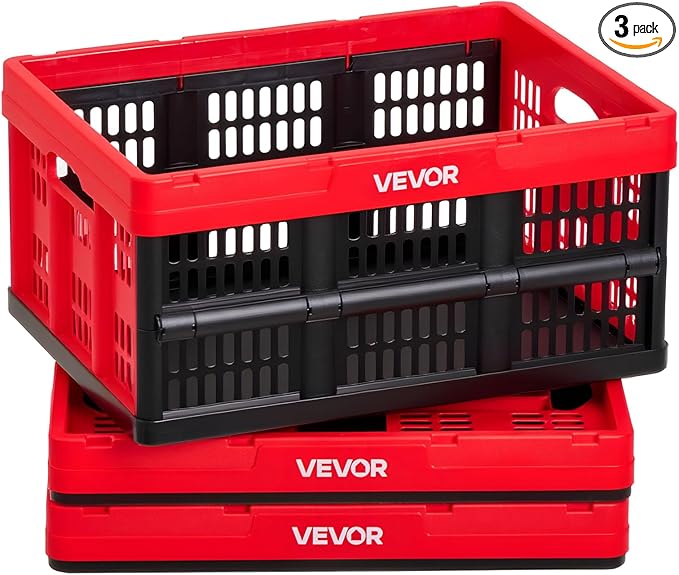 VEVOR Plastic Collapsible Storage Bins, 32L 3 Packs, Stackable Folding Storage Crates with Handles, Holds 26 lbs Per Bin, Fol
