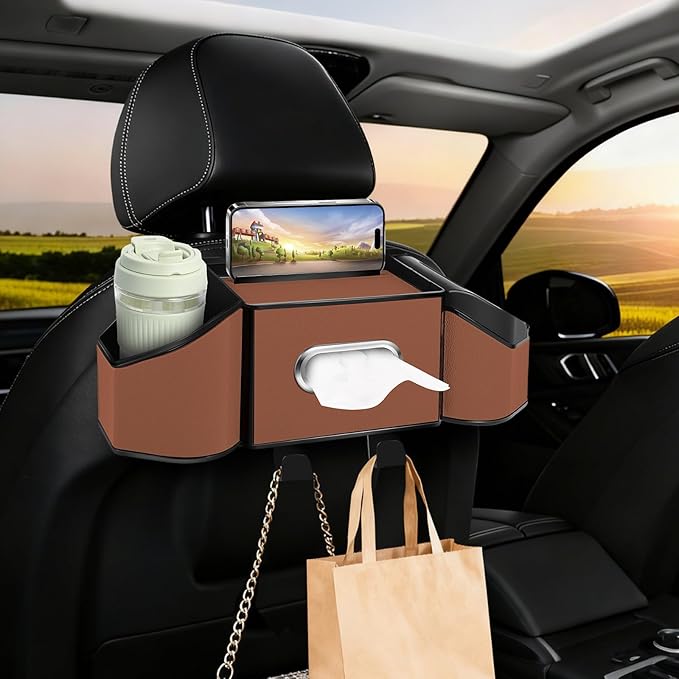 7-In-1 Car Seat Back Organizer with Cup Holders, Tissue Box, Garbage Can&Hooks, Multifunctional Headrest Storage Organizer, Headrest Cup Holder for Backseat, Car Accessories for Trips, Travels(Brown)