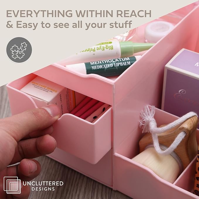 Uncluttered Designs Makeup Organizer With Drawers - Cute Kawaii Countertop Storage for Cosmetics, Pretty Vanity Holder for Pe