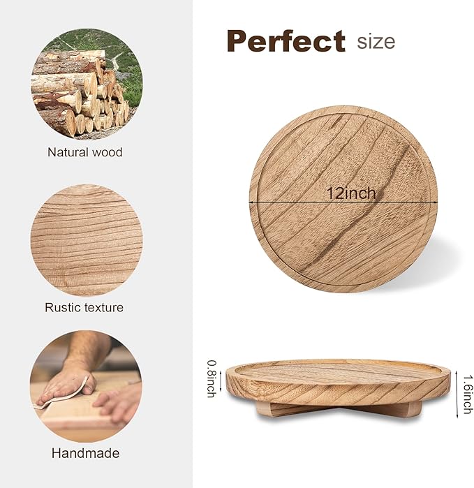 Round Decorative Tray Wood Bathroom Counter Organizer Farmhouse Kitchen Decor Wooden Riser for Soap Dish, Perfume, Candle, Sp