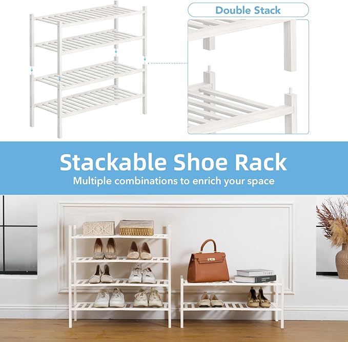 2 Tier Bamboo Shoe Rack Storage Organizer for Closet, Multifunctional Stackable Free Standing Shoe Shelf Organizer for Small 