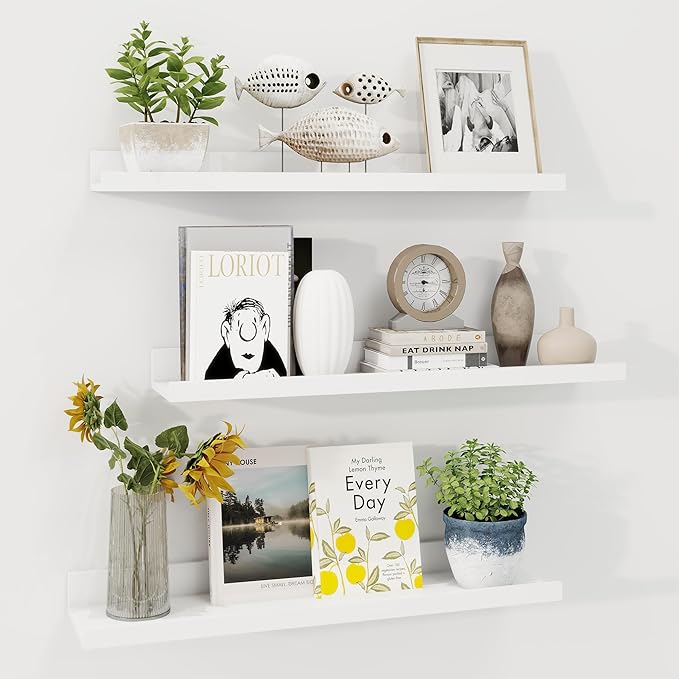 Axeman Picture Ledge Shelf | 24 Inch White Floating Shelves Set of 3 | Rustic Wood Wall Shelves with Lip | 24" White Picture 