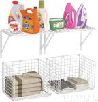 2 Pack Laundry Room Shelves Wall Mounted with Wire Baskets, Over the Washer and Dryer Shelf with Clothes Drying Rack, 8 Hooks