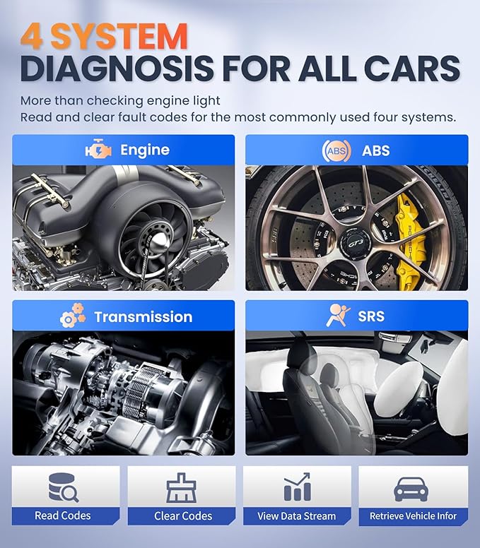 OBD2 Scanner with ABS SRS Transmission, Reset Fault Lights | Check Engine Code Reader with Full OBDII Functions | DLC Pin