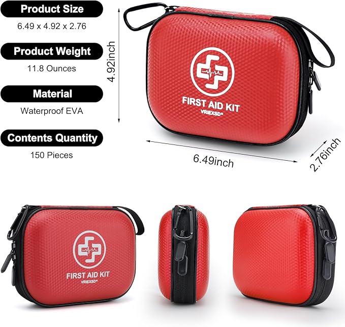 Mini First Aid Kit - 150 Piece Small Waterproof Hard Shell Medical Kit for Home, Car, Travel, Camping, Truck, Hiking, Sports,