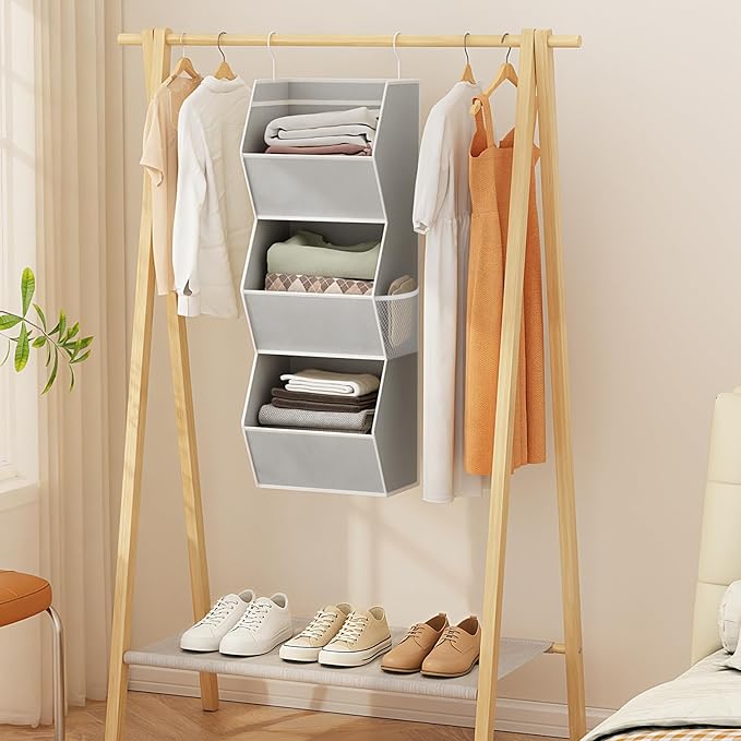 Hanging Closet Organizer 3 Shelf Collapsible Bedroom Closet Organizers and Storage Hanging with Mesh Pockets for Clothes, Fab