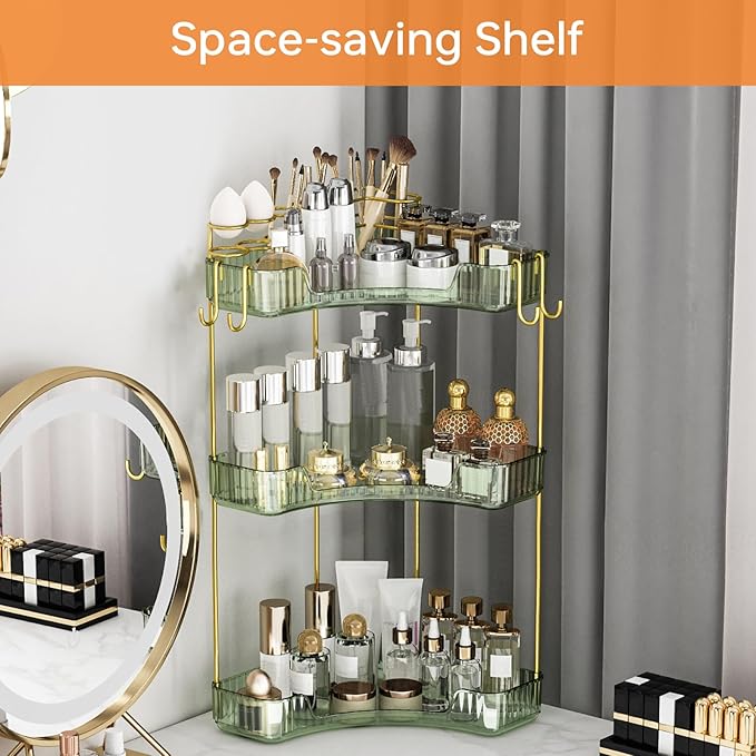 3-Tier Corner Bathroom Counter Organizer，Makeup & Skincare Shelf with Built-in Brush Holder，Space-Saving Bathroom Countertop 