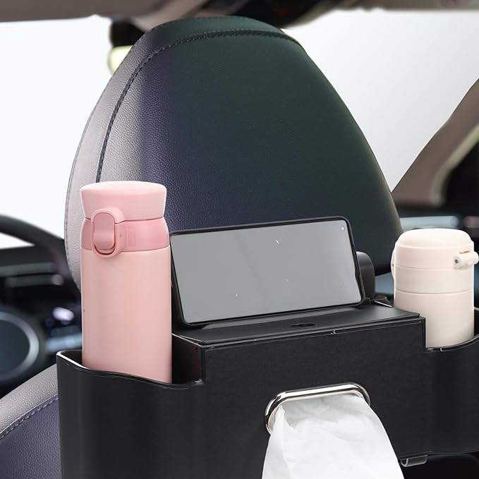 LemonRoad 2 Pack Multifunctional Car Seat Back Storage Box Car Seat Back Organizer with Tissue Box, 2 Cup Holders and Hooks for Hold Phone, Drinks, Handbag, Fits for Most Vehicles(Black)