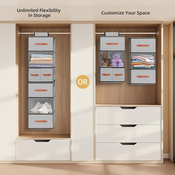 Hanging Closet Organizer 6-Shelf, Upgrade Hanging Shelves for Closet with 5 Removable Drawers & Side Pockets, Hanging Shelf O